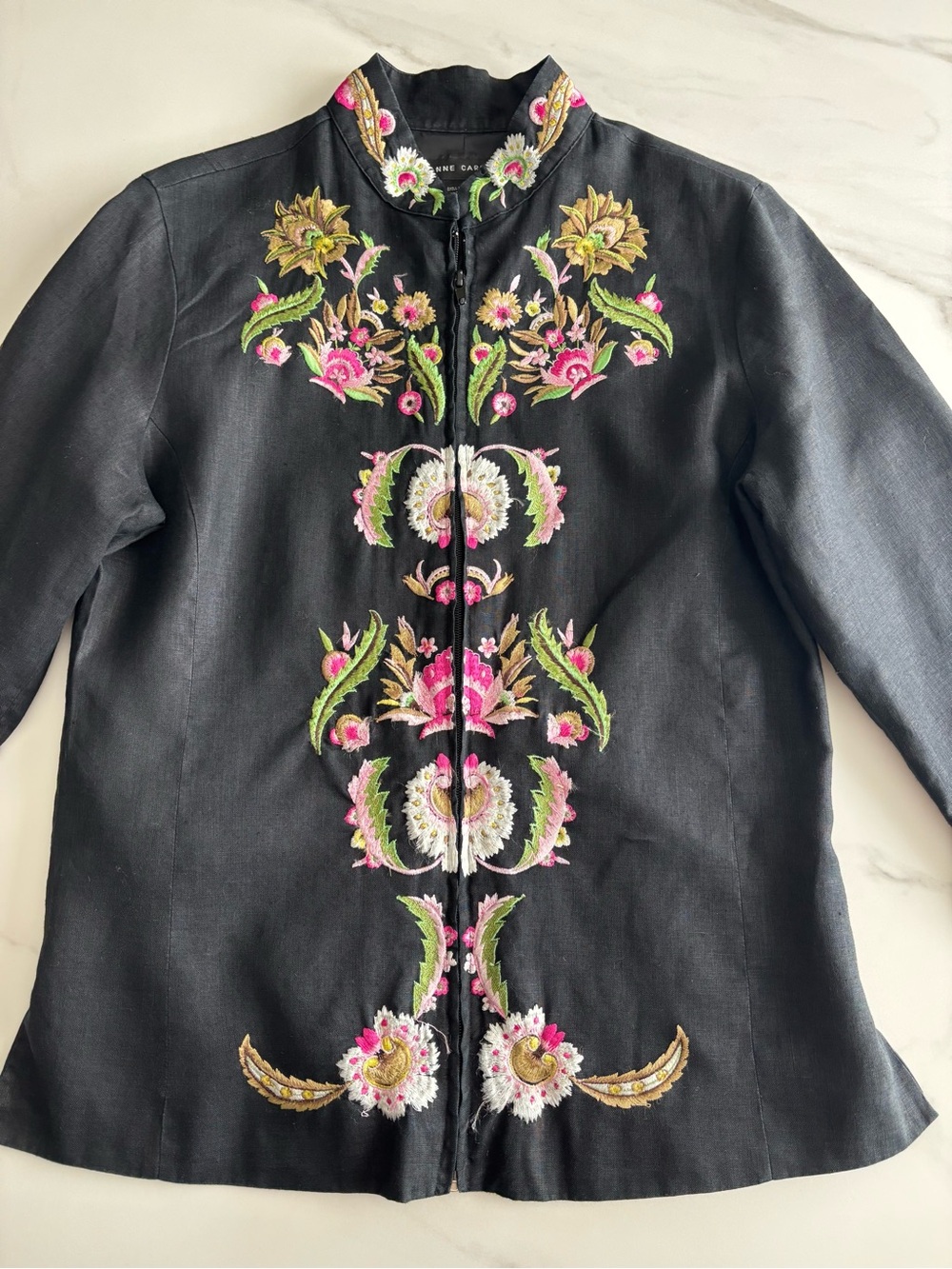Anne Carson Black Embroidered Floral Jacket with Pink & Green Accents sz L